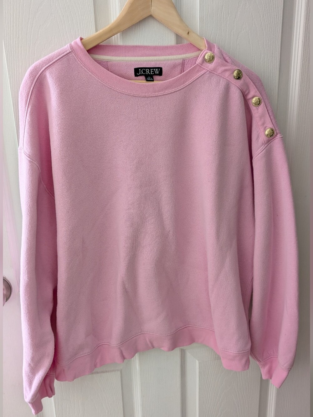 J. Crew Light Pink Crewneck Sweater with Gold Shoulder Buttons, Cotton Blend